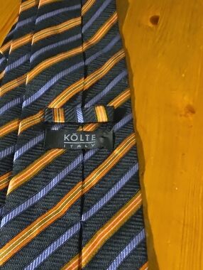 Kolte Italy Men's Black Stripe Silk Tie with Orange and Purple Accents